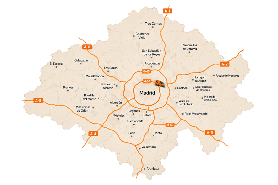 Zonas de servicio BateriaDirecta · cobertura Madrid y municipios